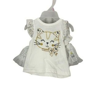 DDG Darling 0-3 Months Cat Ruffled white animal‎ print Two Piece Set